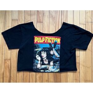 Pulp Fiction Mia Wallace Graphic Crop Top Black Raw Hem Distressed Movie Tee